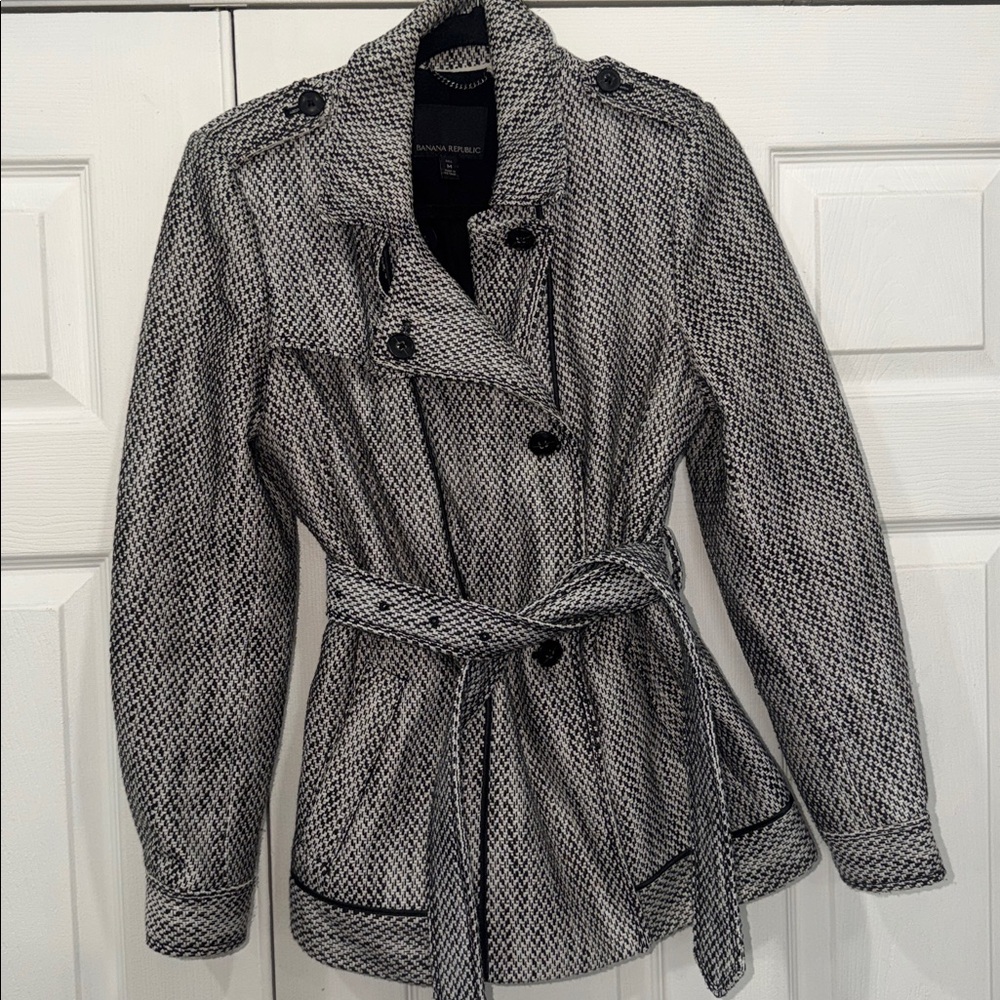 Banana Republic Black White Belted Peacoat Women's Size Medium‎ Tall